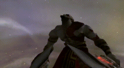 a video game character is holding a sword in his hand and standing in the sky .