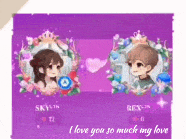 a picture of a boy and a girl on a purple background with the words i love you so much my love