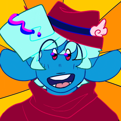 a cartoon drawing of a blue character wearing a hat