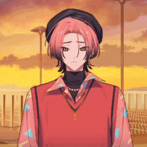 a boy with pink hair wearing a red vest and black hat