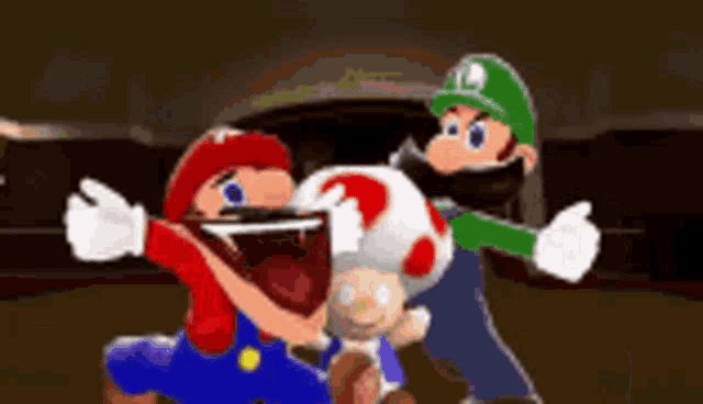 a group of cartoon characters , mario , luigi and toad , are posing for a picture .