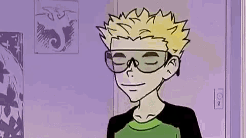 a cartoon boy wearing glasses and a green shirt is standing in front of a door .