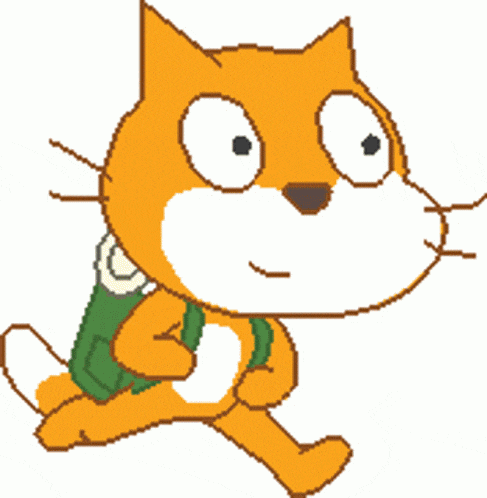 a cartoon cat with a green backpack on its back