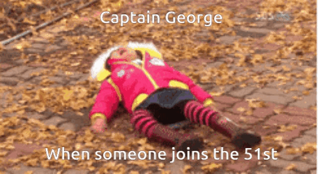 a little girl in a pink jacket is laying on the ground covered in leaves with the caption captain george