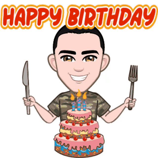 a cartoon man is holding a knife and fork in front of a birthday cake
