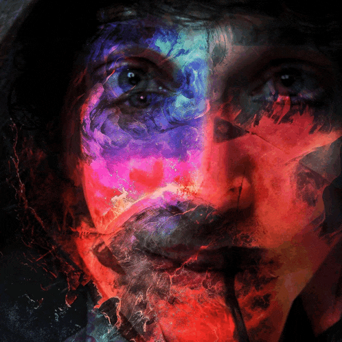 a colorful painting of a woman 's face with a hood