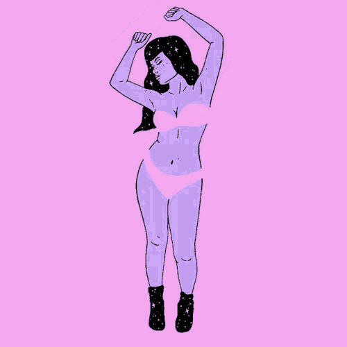 a drawing of a woman in purple underwear and black boots