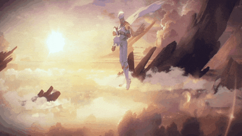 a painting of a person flying in the sky