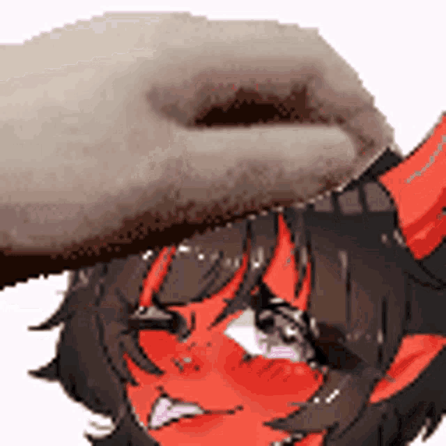 a person is putting a hat on a red anime girl .