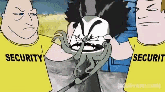 two security guards are standing next to a cartoon character