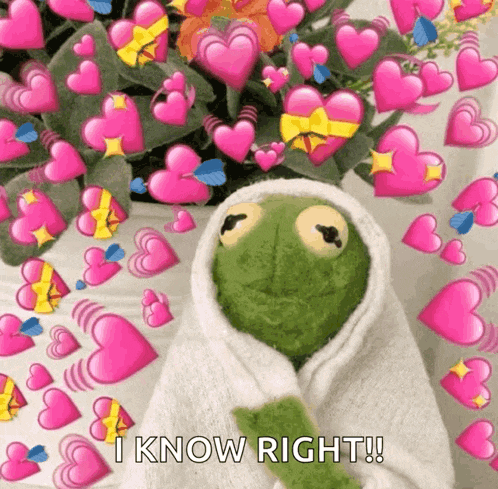 kermit the frog is wrapped in a towel and surrounded by pink hearts