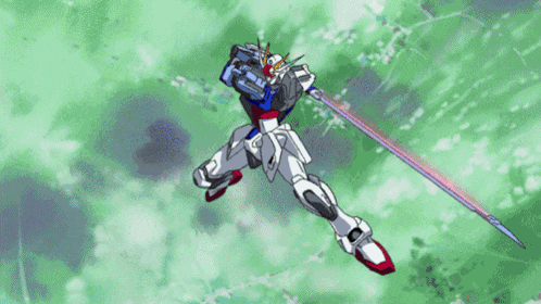 a robot is flying through the air with a sword in it 's hand