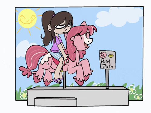 a cartoon of a girl riding a pink pony next to a sign that says pony trot tv