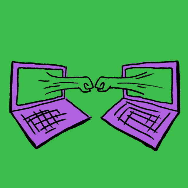 a cartoon drawing of two laptops with a fist coming out of the screen