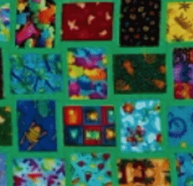 a green background with a bunch of different colored squares