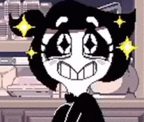 a pixel art drawing of a black and white cartoon character with stars in his eyes .