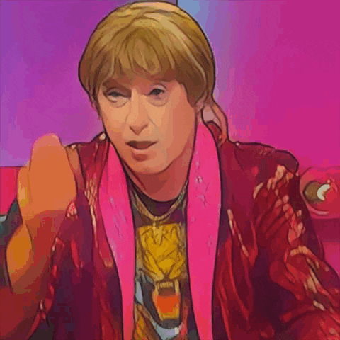 a cartoon of a man wearing a red jacket and a pink scarf making a funny face