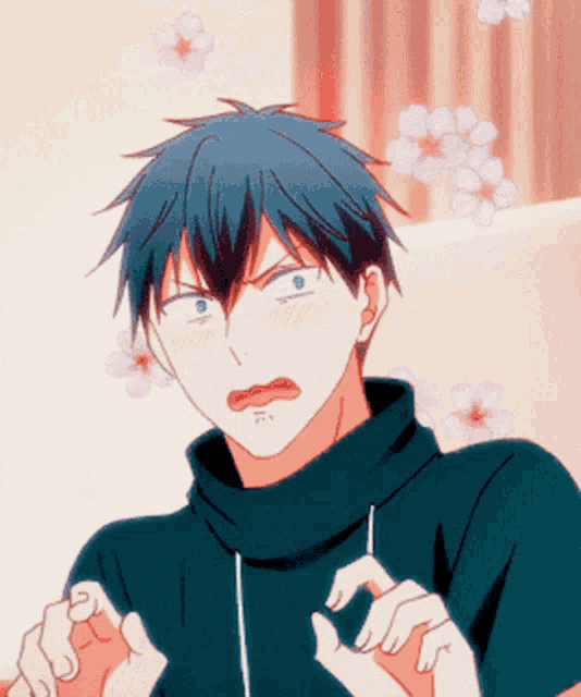 a boy with blue hair is making a funny face