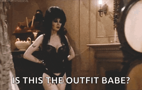 a woman is standing in front of a mirror and asking is this the outfit babe .