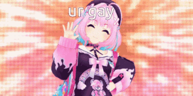 a pink and blue anime girl with the word ur gay written on the bottom