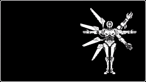 a black and white drawing of a robot with a lot of arms and wings on a black background .