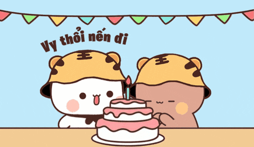 two cartoon characters wearing tiger hats are standing next to a birthday cake