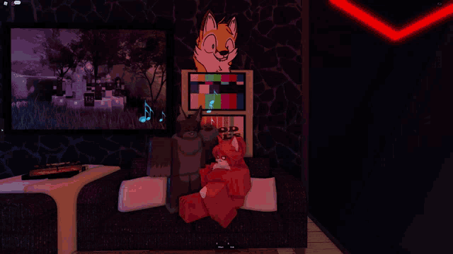a cartoon fox is sitting on a couch in front of a tv screen