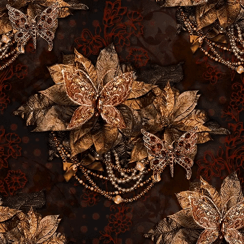 a seamless pattern of butterflies and pearls on a dark background