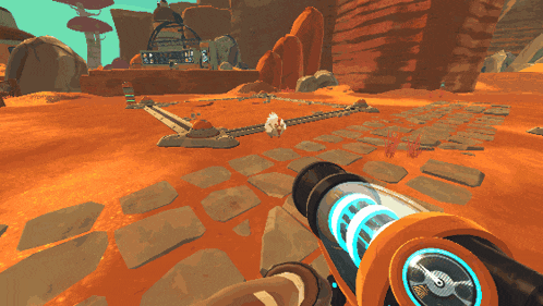 a screenshot of a video game shows a person holding a gun in a desert