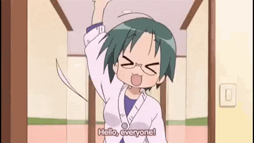 a cartoon girl with green hair and glasses is standing in a hallway with her hand in the air .