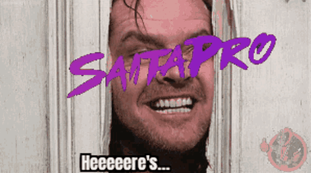 a picture of a man behind a door with the words " heeeere 's " on it