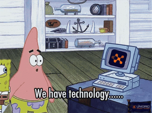 Patrick apontando para um computador e dizendo a Bob Espoja em inglês "nós temos tecnologia".