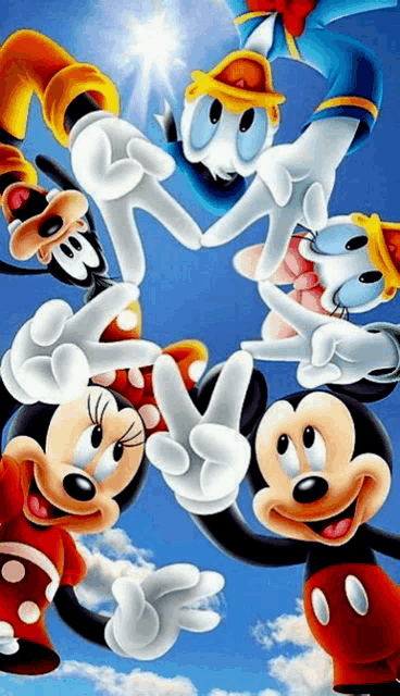 mickey mouse minnie mouse goofy donald duck and daisy duck giving the peace sign