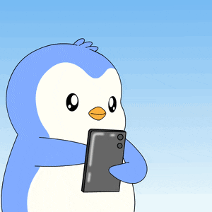a cartoon penguin is holding a cell phone with hearts coming out of it