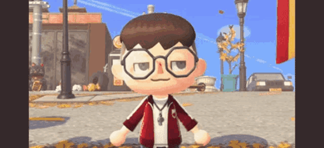 a cartoon character wearing glasses and a red jacket is standing on a street