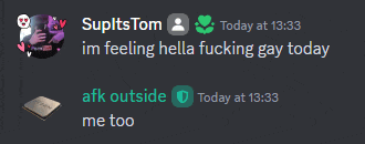 a screenshot of a discord conversation between suplts tom and afk outside me too