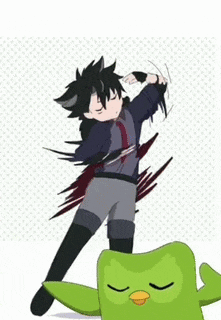 a cartoon of a boy standing next to a green bird