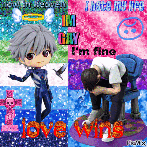 a picture of a cartoon character with the words " now in heaven im gay i 'm fine love wins "