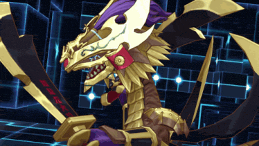 a purple and gold dragon with a sword and a purple cape