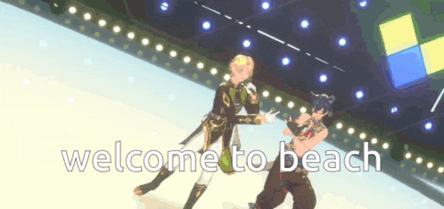 two anime characters are dancing on a stage with the words welcome to beach in the corner