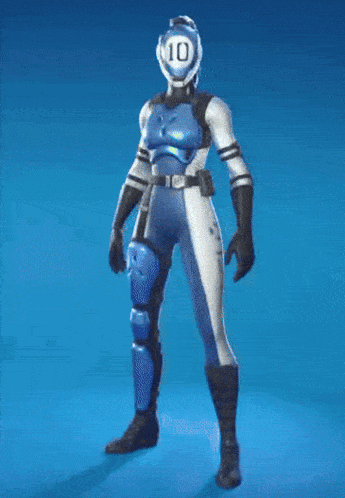 a woman in a blue and white suit with a ball on her head with the number 10 on it
