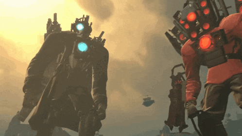 a man in a red shirt is standing next to a large robot