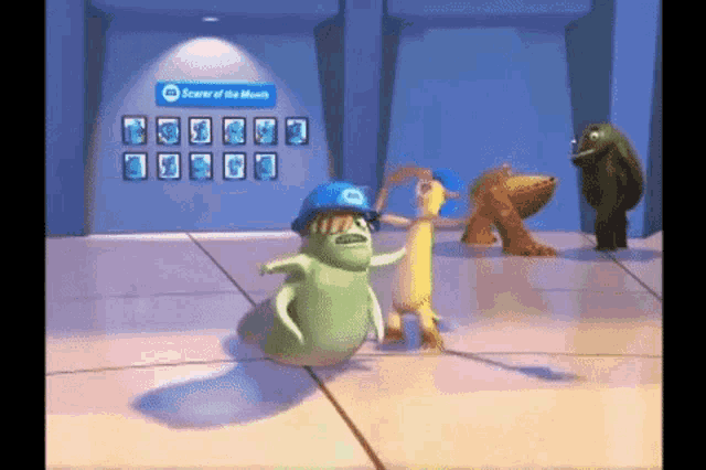 a group of monsters from monsters inc are dancing in a hallway .