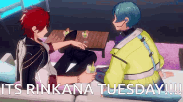 a couple of anime characters sitting on a couch with the words it 's rinkana tuesday !!!