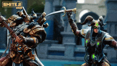 a video game called smite 2 alpha shows two warriors holding swords