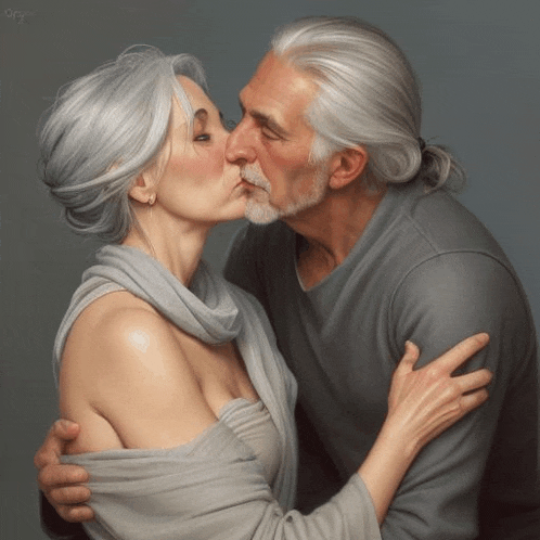 a man kissing a woman on the cheek in a painting with the name oryr on the bottom right