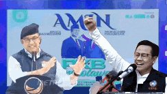 a man is giving a speech in front of a large screen that says amen