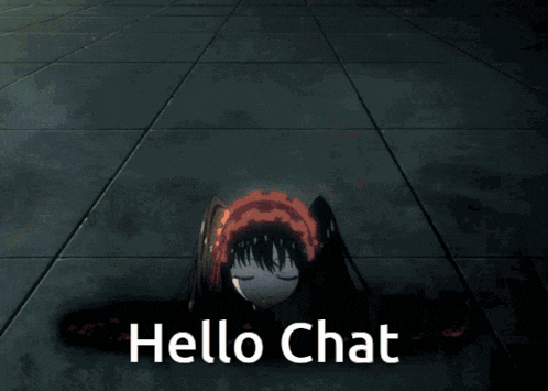 a girl in a black dress with a red bow and the words hello chat