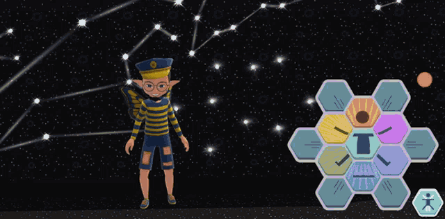 a cartoon character standing in front of a starry sky