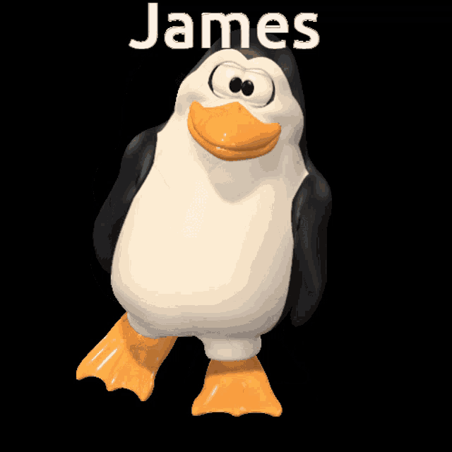 a cartoon penguin with the name james on the bottom